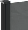A close-up view of a retractable side awning, showing the dark gray fabric and the black metal post it attaches to. Voir les images du produit