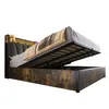 A bed with its storage compartment open, showing the mattress and bedding. Voir les images du produit