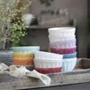 A stack of colorful ceramic bowls on a wooden tray, with a plant in the background. Produktbild-Vorschau