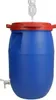 A blue fermentation barrel with a red lid and a clear airlock on top, set against a white background. Produktbild-Vorschau