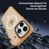 A yellow iPhone case is shown against a dark, rocky background with debris flying around, suggesting durability and protection. Produktbild-Vorschau