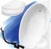 A collage of a white corner bathtub and its drain assembly, set against a blue brushstroke background. Produktbild-Vorschau