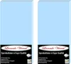 Two light blue fitted sheets are shown side-by-side, each with a black label at the bottom detailing product information. Produktbild-Vorschau