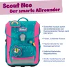 A Scout Neo school backpack with various features listed in German. Náhled obrázku produktu