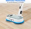 A cordless stick vacuum cleaner with a mopping attachment is shown on a wooden floor. Produktbild-Vorschau