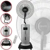 A collage of images showing a misting fan, its base, and a remote control, with close-ups of its features. Podgląd zdjęcia produktu