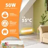 A marketing image showing a white electric heater mounted on a wall, with text overlays highlighting its features and specifications. Produktbild-Vorschau