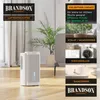 A Brandson electric dehumidifier is shown in a room setting, with various applications illustrated on the right side. Produktbild-Vorschau