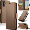 A collage of images showing a brown leather phone case for a Samsung Galaxy A56, with various angles and views of its features, including card slots and a stand function. Produktbild-Vorschau