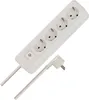 A white power strip with four outlets and a power switch, along with its angled plug and cable, is shown against a white background. Produktbild-Vorschau