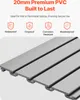 Close-up view of interlocking PVC panels with text and icons describing product features. Náhled obrázku produktu
