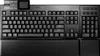 A top-down view of a black mechanical keyboard with a wrist rest. Produktbild-Vorschau