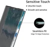 A close-up of a phone screen protector being applied to a phone, with text highlighting features. Produktbild-Vorschau