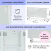 Collage of images showing features and dimensions of a white glass electric heater. Produktbild-Vorschau