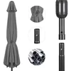 A collage of images showing a folded umbrella, close-ups of its tie and pole connection, and a close-up of metal tubes. Produktbild-Vorschau