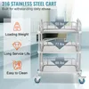 A stainless steel cart with three shelves is shown in a room with a blurred background. Produktbild-Vorschau