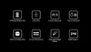 A grid of icons and text describing product features against a black background. Produktbild-Vorschau