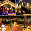 Collage of Christmas lights decorating a house roof, a staircase, and a patio with festive decorations. Produktbild-Vorschau