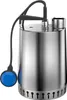 A stainless steel submersible pump with a blue float switch and black power cord. Produktbild-Vorschau