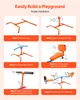 A collage of six images showing the steps to assemble a playground swing set. Náhled obrázku produktu