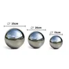Three polished stainless steel garden spheres of different sizes are displayed on a white background, with dimensions indicated by text and lines. Podgląd zdjęcia produktu
