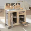 A wooden toy kitchen set is displayed in a room with a bed in the background. Podgląd zdjęcia produktu