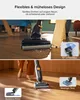 A split image showing a vacuum cleaner in use and close-ups of its features. Produktbild-Vorschau