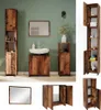 A collage of bathroom furniture pieces, including tall cabinets, a vanity with a sink, and a mirror, set against a green wall. Produktbild-Vorschau