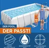 A man in a vintage swimsuit stands next to a large rectangular swimming pool, with text overlays providing product details. Produktbild-Vorschau