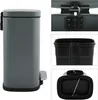 A collage of images showing a gray pedal trash can from different angles, including a close-up of the lid mechanism and the inner bucket. Anteprima dell’immagine prodotto