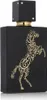 A black perfume bottle with gold Arabic calligraphy shaped like a horse. Produktbild-Vorschau