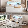A collage showing a white daybed with LED lighting and storage drawers, and a close-up of the pull-out bed with drawers. Anteprima dell’immagine prodotto