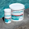 Two containers of pool chlorine are placed on a stone ledge next to a swimming pool. Produktbild-Vorschau