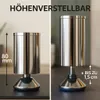 Two images side-by-side showing a metal furniture leg, with the left image showing its static height and the right image showing its adjustable height. Produktbild-Vorschau