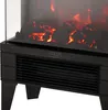 Close-up of an electric fireplace with glowing logs and a black base with a vent and brand logo. Podgląd zdjęcia produktu