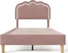 A pink upholstered bed frame with a scalloped headboard and wooden legs, shown from the front. Produktbild-Vorschau