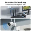 Top image shows a router and NVR connected to a power outlet and monitor. Bottom image shows a security camera with signal waves. Produktbild-Vorschau
