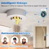 A smart smoke detector linked to a camera and door lock, with images of people representing neighbors, administrators, and firefighters. Podgląd zdjęcia produktu