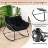 A rocking chair with a black cushion on a wooden deck, with greenery in the background. Inset images show details of the chair's frame. Produktbild-Vorschau