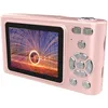 A pink digital camera shown from a rear-side angle, displaying a vibrant image on its screen. Podgląd zdjęcia produktu
