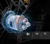 A close-up, stylized view of an electric bike's internal hub motor, with glowing blue energy effects and gears visible. The background is dark and blurred, with some icons and text at the bottom. Voir les images du produit