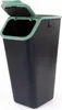 A black trash can with a green lid is shown against a white background. Produktbild-Vorschau