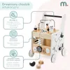 A wooden educational walker with various interactive play features, presented with descriptive text boxes highlighting its functions. Produktbild-Vorschau