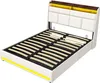 A white upholstered bed frame with a wooden and yellow headboard, shown from a diagonal angle with the mattress support slats visible. Anteprima dell’immagine prodotto