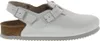 A white Birkenstock sandal with a cork sole and a gray sole. Produktbild-Vorschau