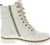 A white women's boot with beige laces and gold eyelets is shown against a white background. Produktbild-Vorschau