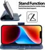 A blue flip case for a smartphone is shown, with one part folded back to act as a stand. The phone screen is visible and displays a colorful wallpaper. Text describes the stand function. Produktbild-Vorschau