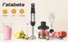 A product shot of an immersion blender with various accessories and ingredients, presented on a light-colored surface against a gradient background. Produktbild-Vorschau