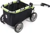 A product shot of a four-wheeled wagon with a black fabric body and a green and white checkered trim. Produktbild-Vorschau