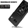 A black phone case with a ring holder and camera protection is shown at an angle, with text overlays indicating features. Produktbild-Vorschau